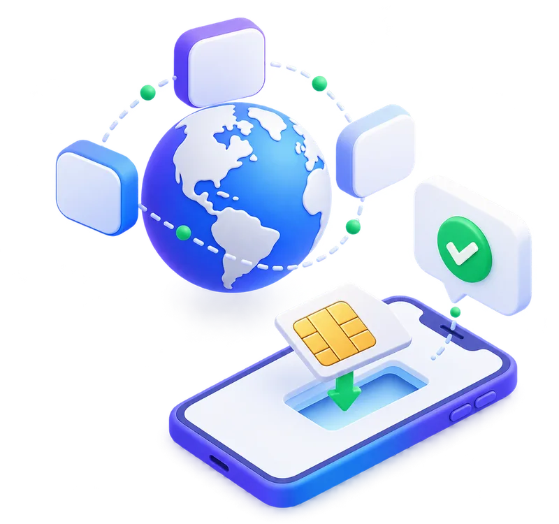 Globe, app icons and a SIM card sliding into a phone